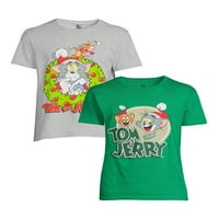 Tom és Jerry Christmas Férfi és Big Férfi Mikulás kalap és koszorú grafikus pólók, 2 csomag