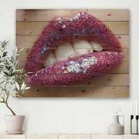 Designart 'Girl Lips rózsaszín rúzs és flitterek' Modern nyomtatás természetes fenyőfán