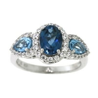 Brilliance Sterling ezüst valódi londoni és svájci kék topaz, fehér köbös cirkónium -os akcentus gyűrűvel