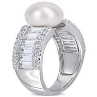 Fehér édesvízi tenyésztett gyöngy és 2- Carat T.G.W. Létrehozott fehér zafír sterling ezüst gyűrű