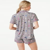 Joyspun női nyomtatott bevágó gallér felső és rövidnadrág pizsama szett, 2 darab, S-tól 3X-ig