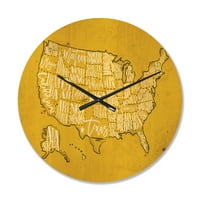Designart 'Az Egyesült Államok IV. Sárga szüreti térképe' Modern fa falióra