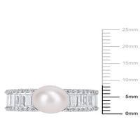 Fehér édesvízi tenyésztett gyöngy és 2- Carat T.G.W. Létrehozott fehér zafír sterling ezüst gyűrű